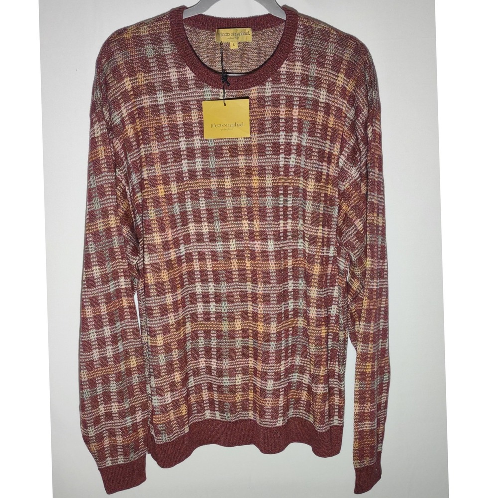 Vintage Tricots St Raphael Mens‎ Multi Plaid Knit Sweater Rouge JS2052 Large NWT